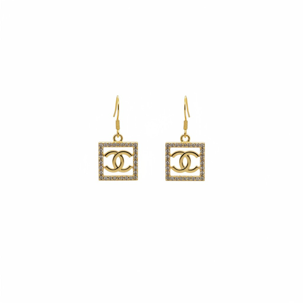 Gold Rhinestone Rectangle Charm Earrings
