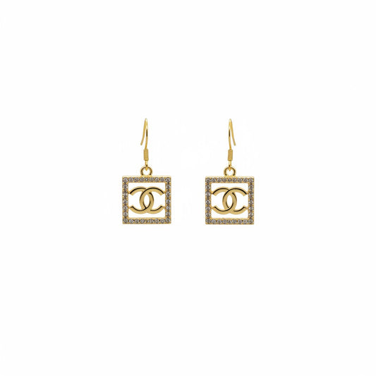 Gold Rhinestone Rectangle Charm Earrings