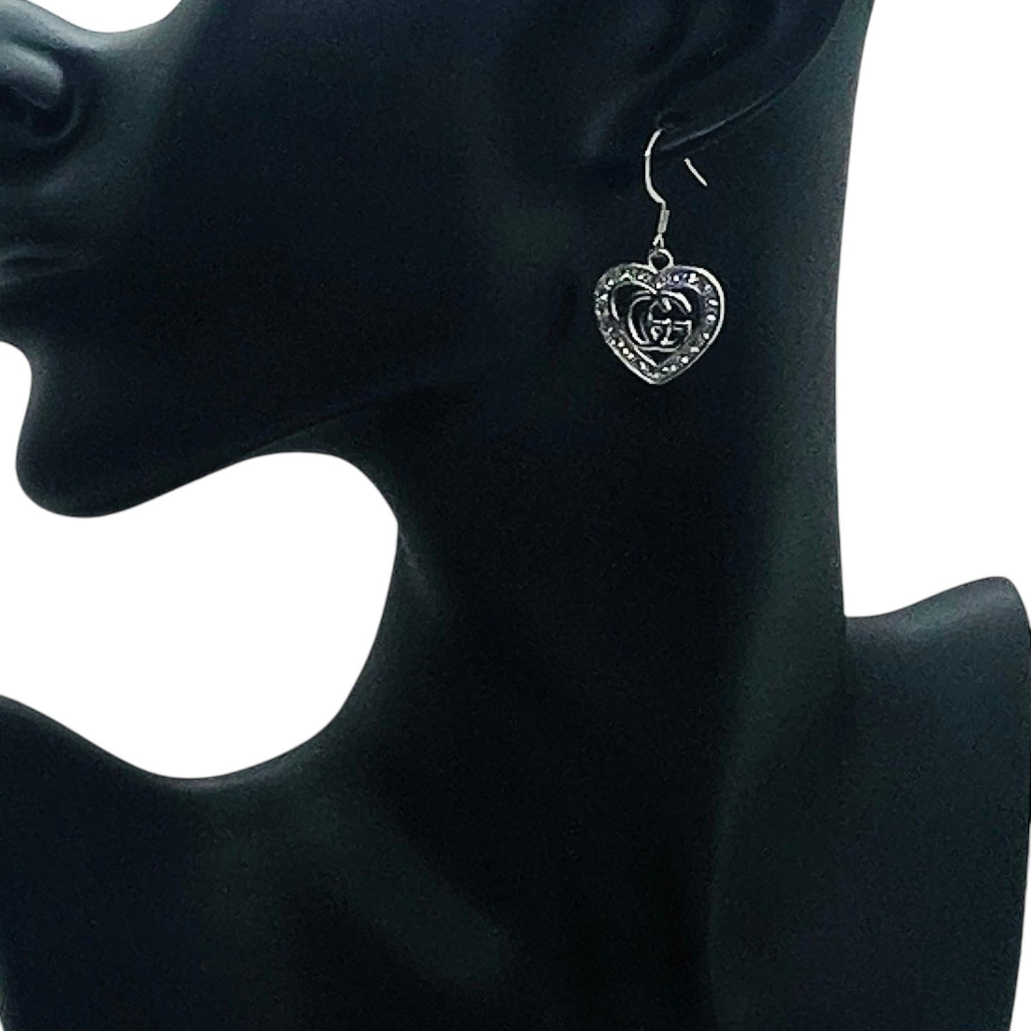 Silver Rhinestone Heart Drop Earrings