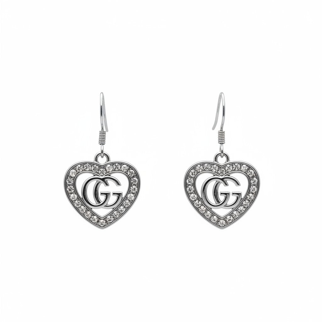 Silver Rhinestone Heart Drop Earrings