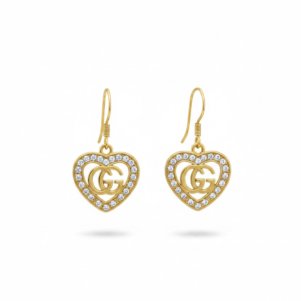 Gold Rhinestone Open Heart Earrings
