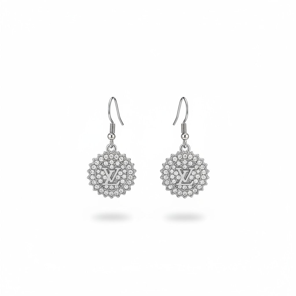 Silver Rhinestone Medallion Charm Earrings