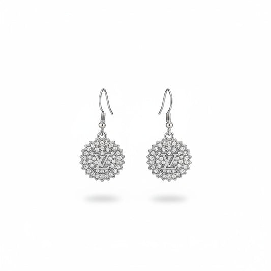 Silver Rhinestone Medallion Charm Earrings