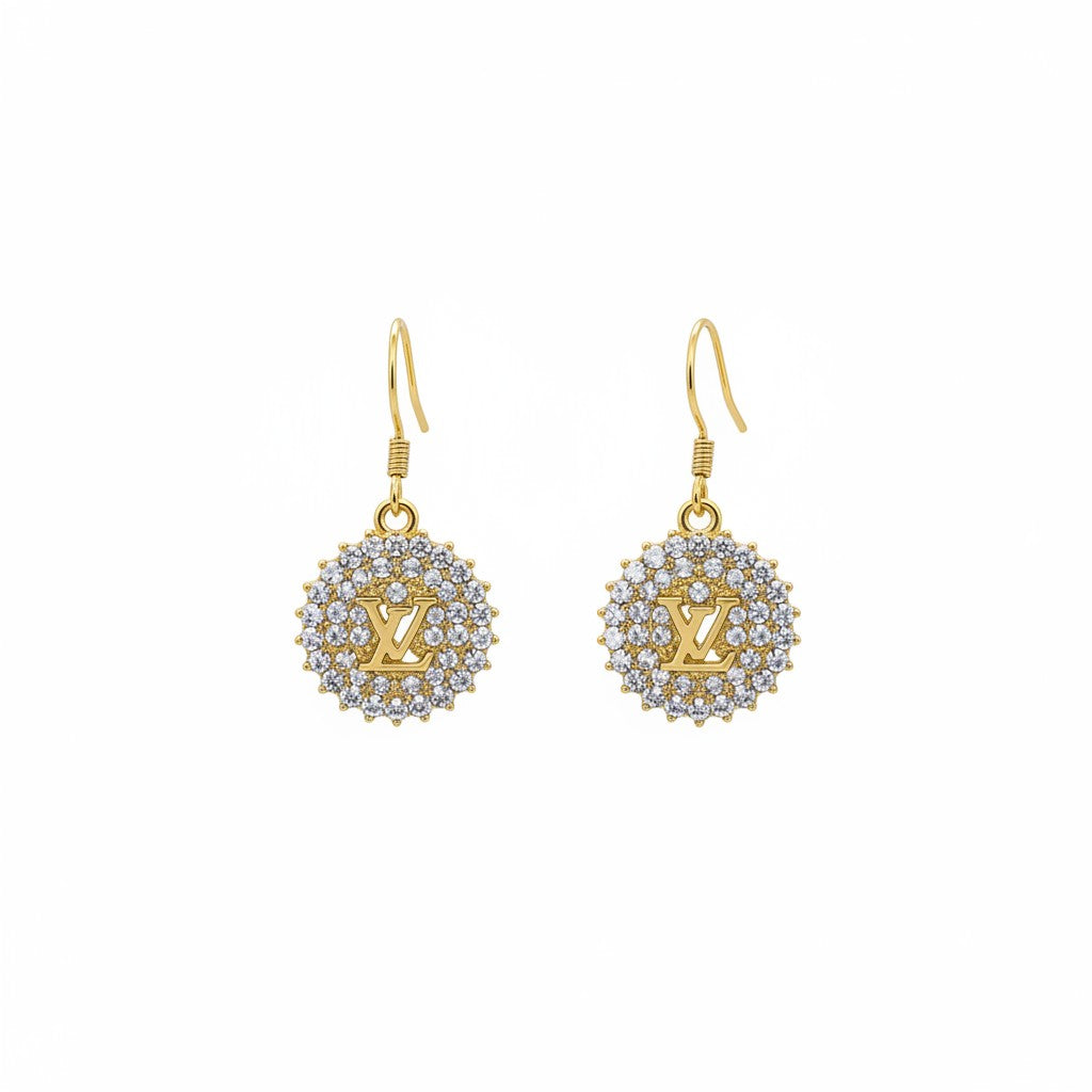 Gold Rhinestone Medallion Drop Earrings