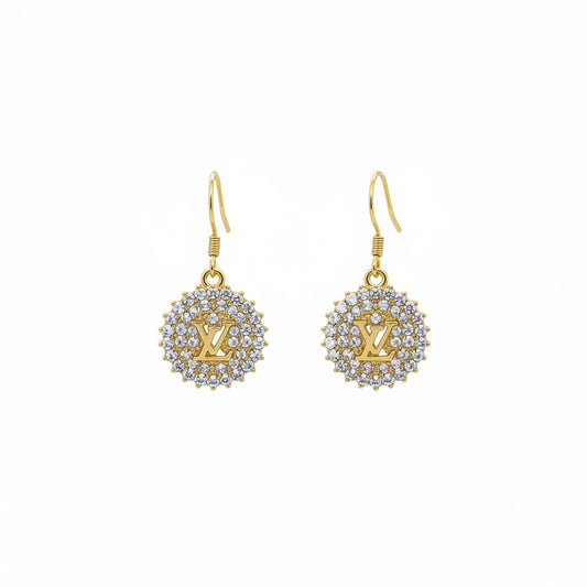 Gold Rhinestone Medallion Drop Earrings
