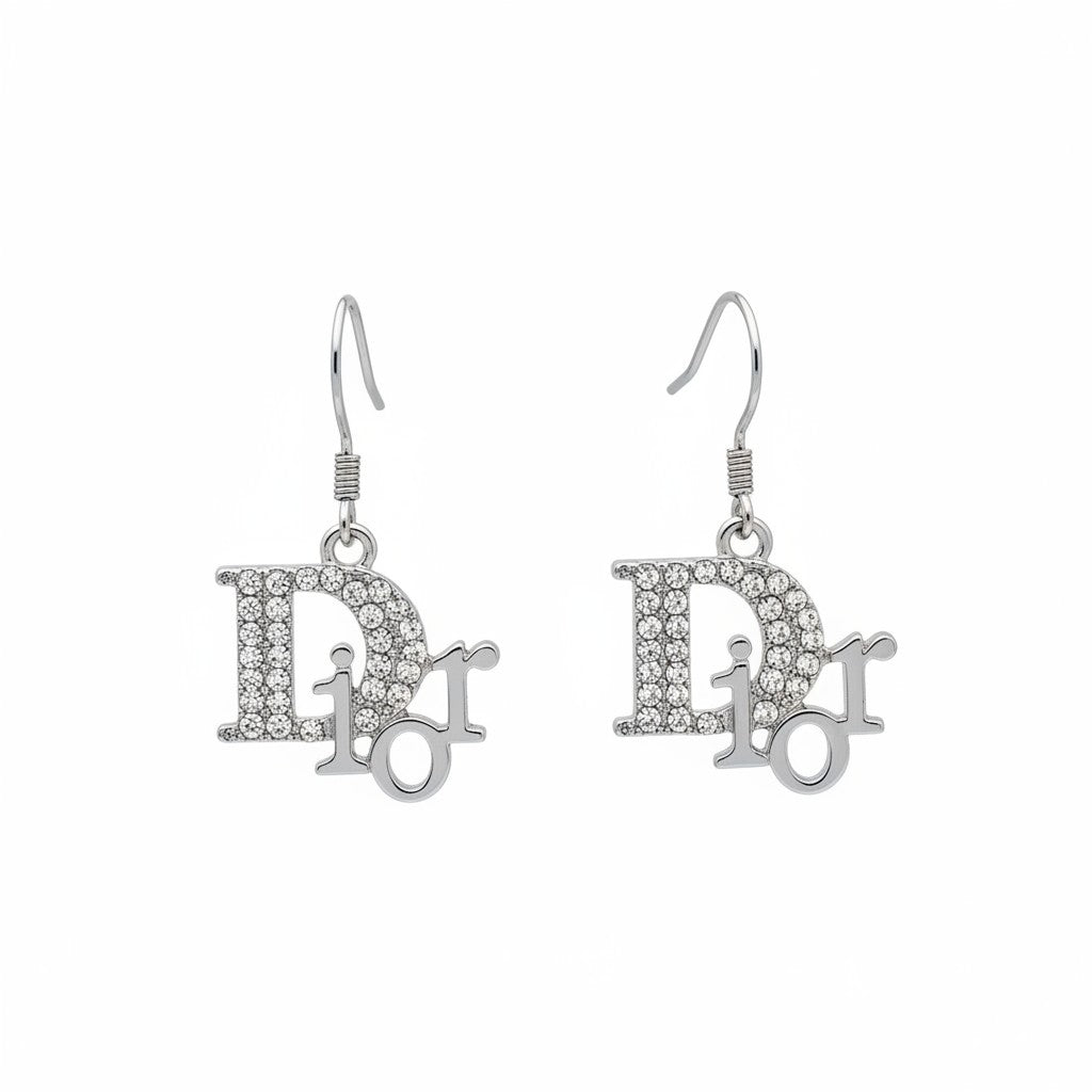 Silver Rhinestone Script Charm Earrings