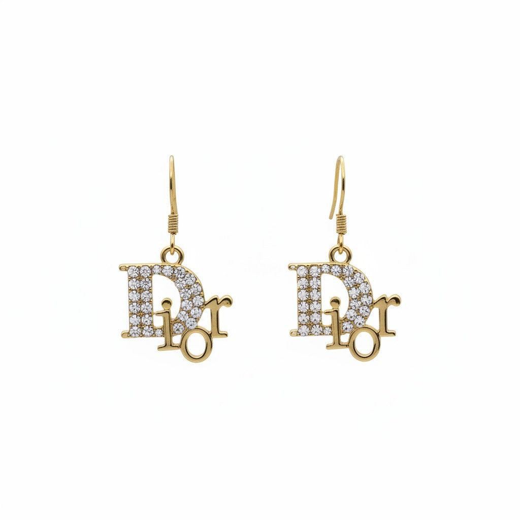 Gold Rhinestone Script Charm Earrings