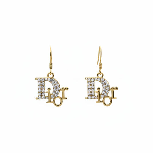 Gold Rhinestone Script Charm Earrings