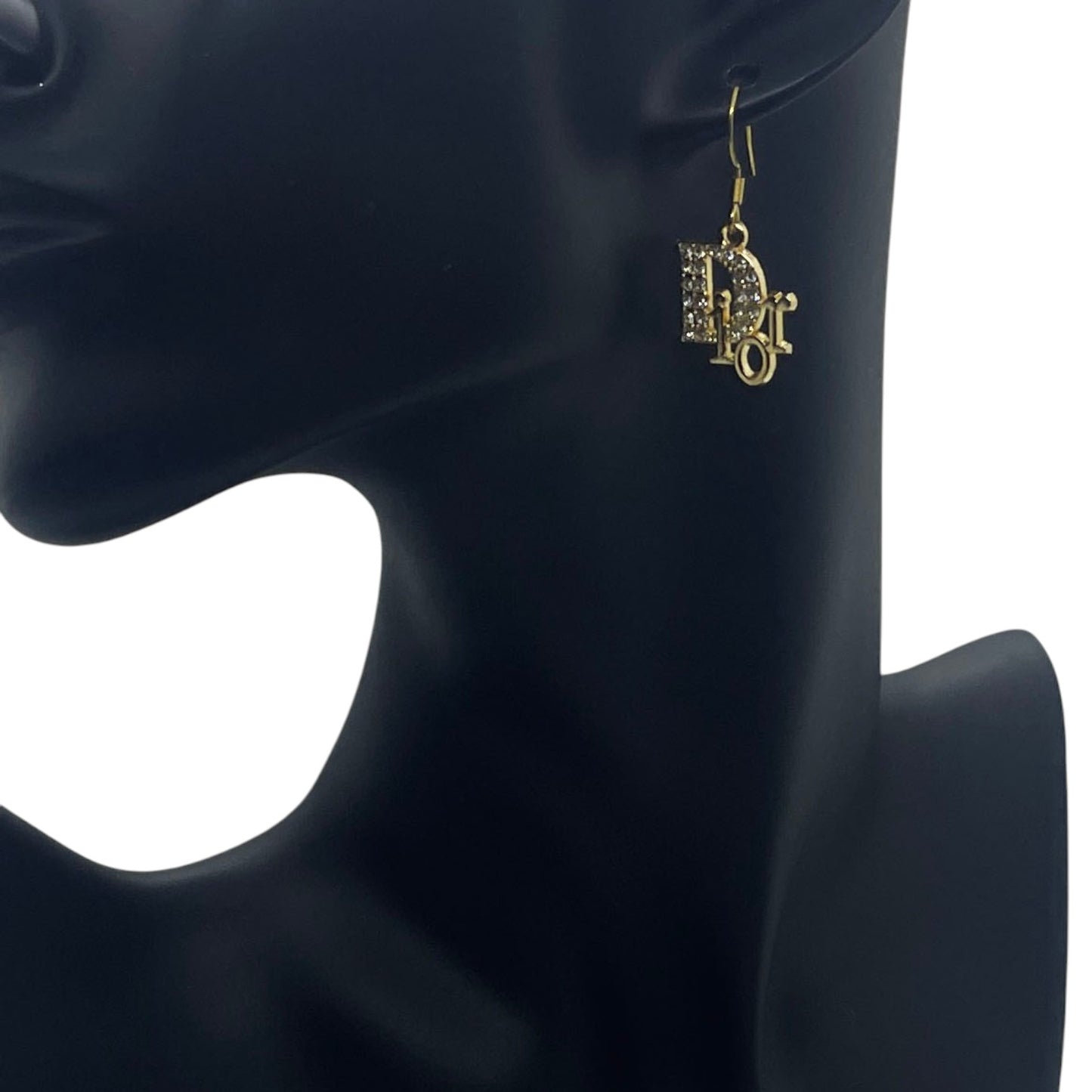 Gold Rhinestone Script Charm Earrings