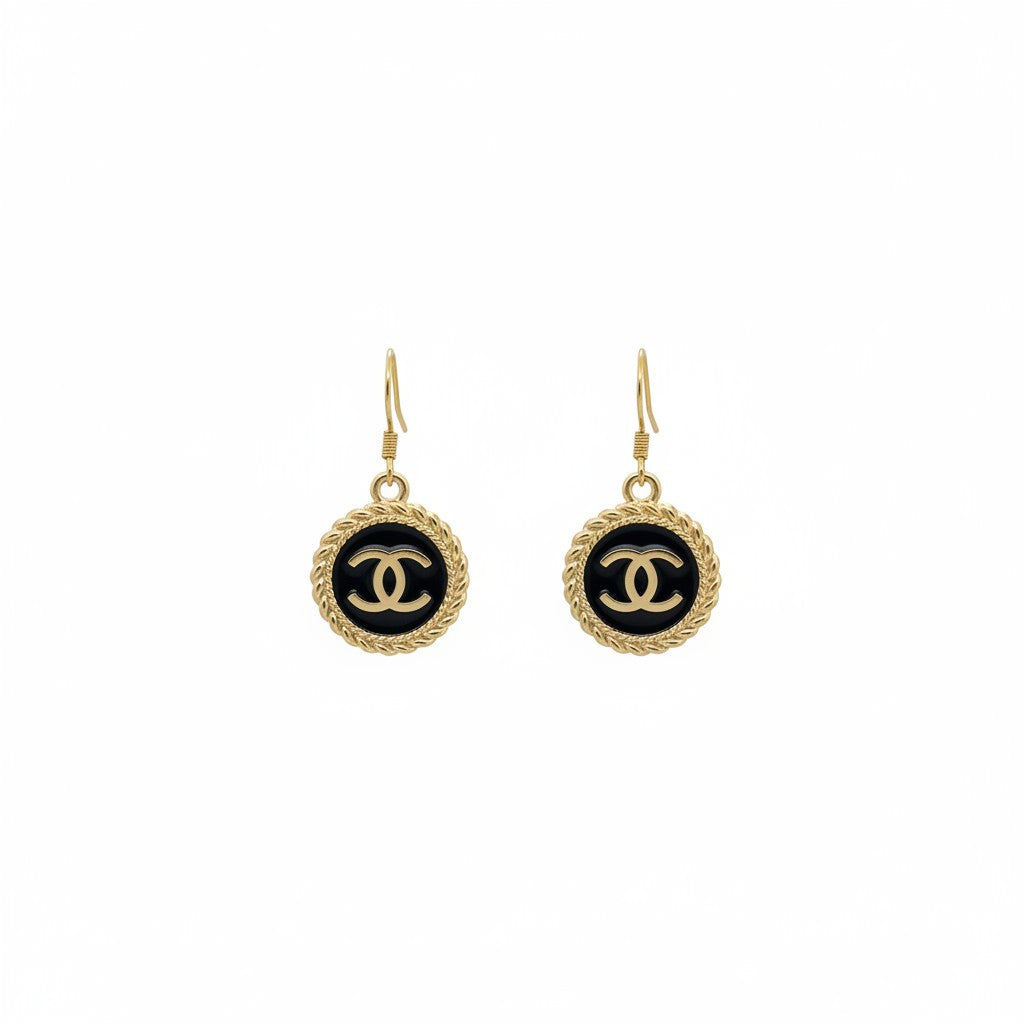Black and Gold Button Drop Earrings