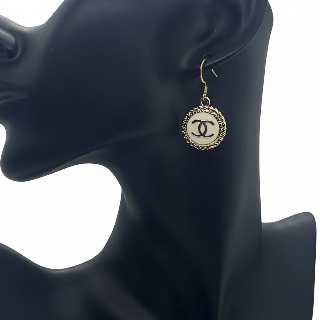 White and Gold Button Drop Earrings