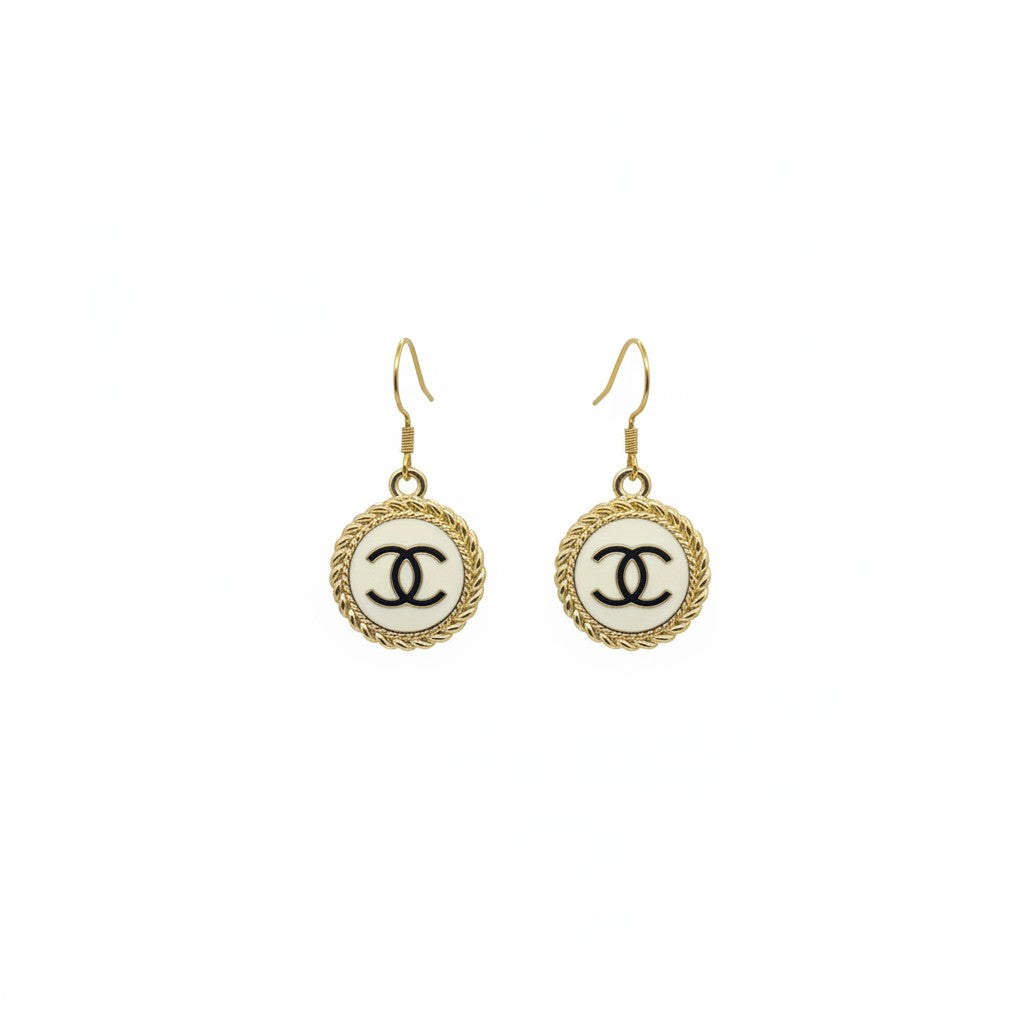 White and Gold Button Drop Earrings