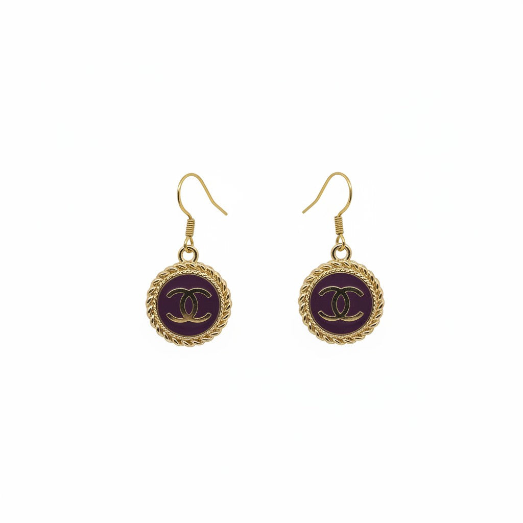 Purple and Gold Button Drop Earrings