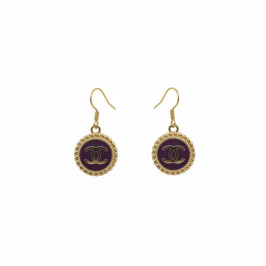Purple and Gold Button Drop Earrings