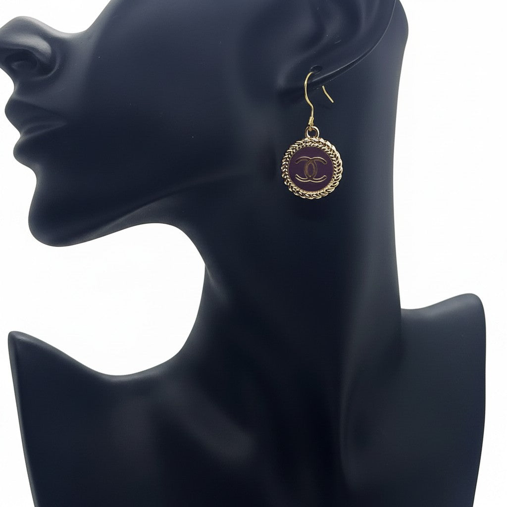 Purple and Gold Button Drop Earrings