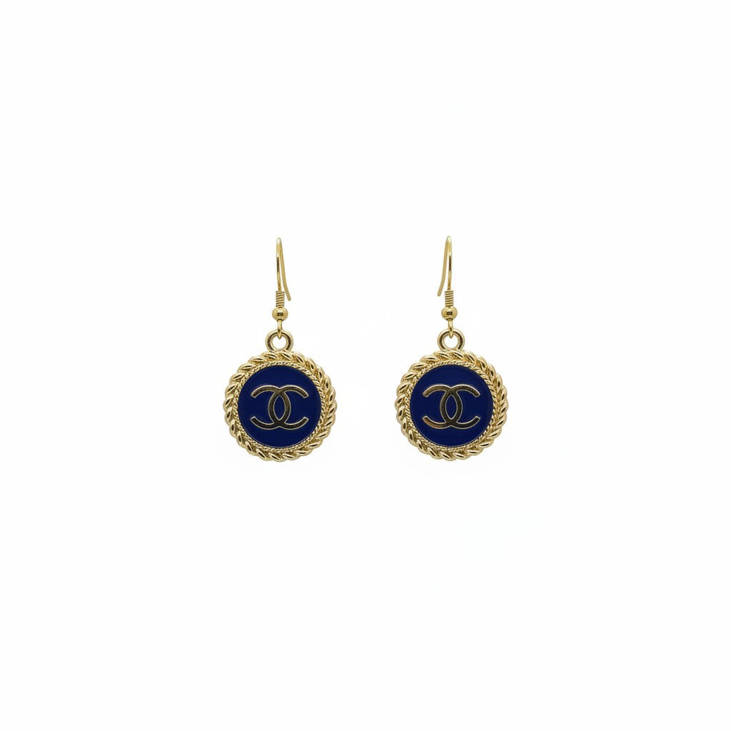 Dark Blue and Gold Button Drop Earrings