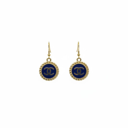 Dark Blue and Gold Button Drop Earrings