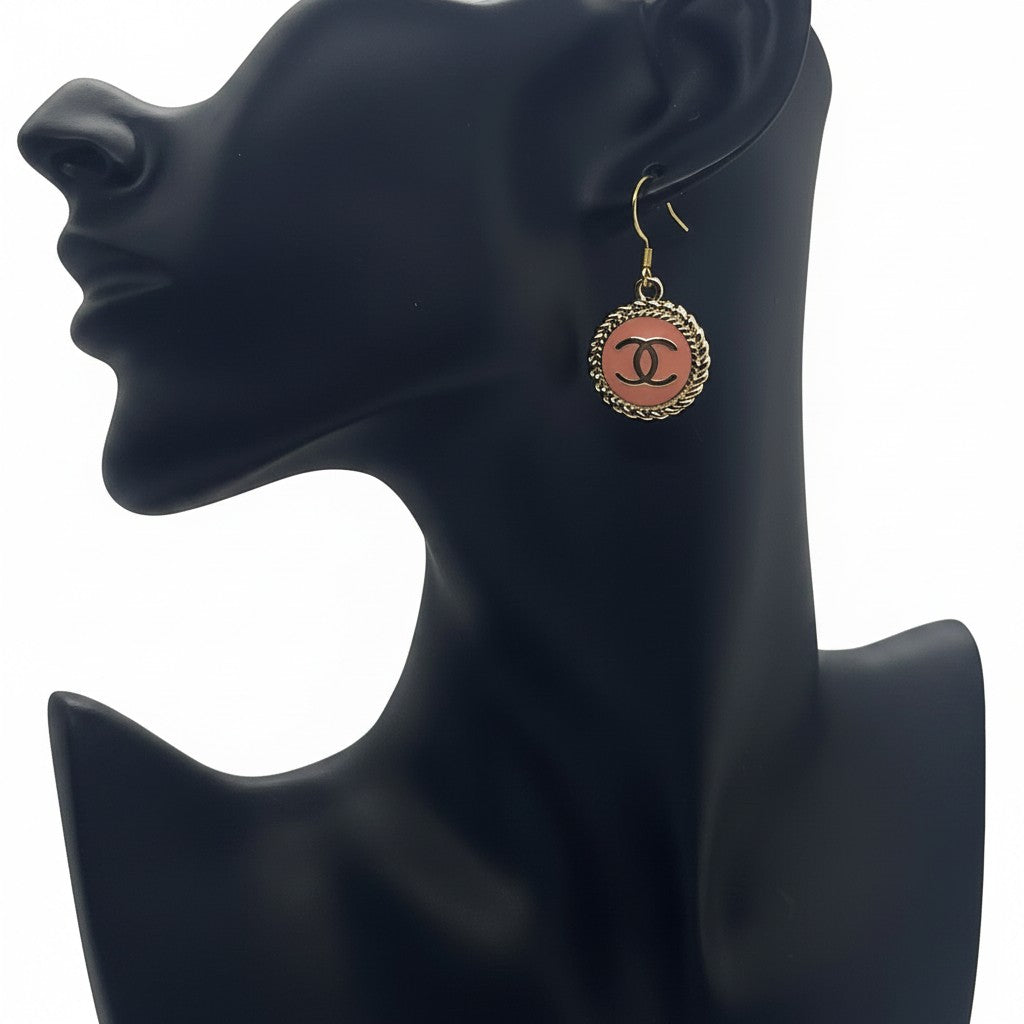 Peach and Gold Button Drop Earrings