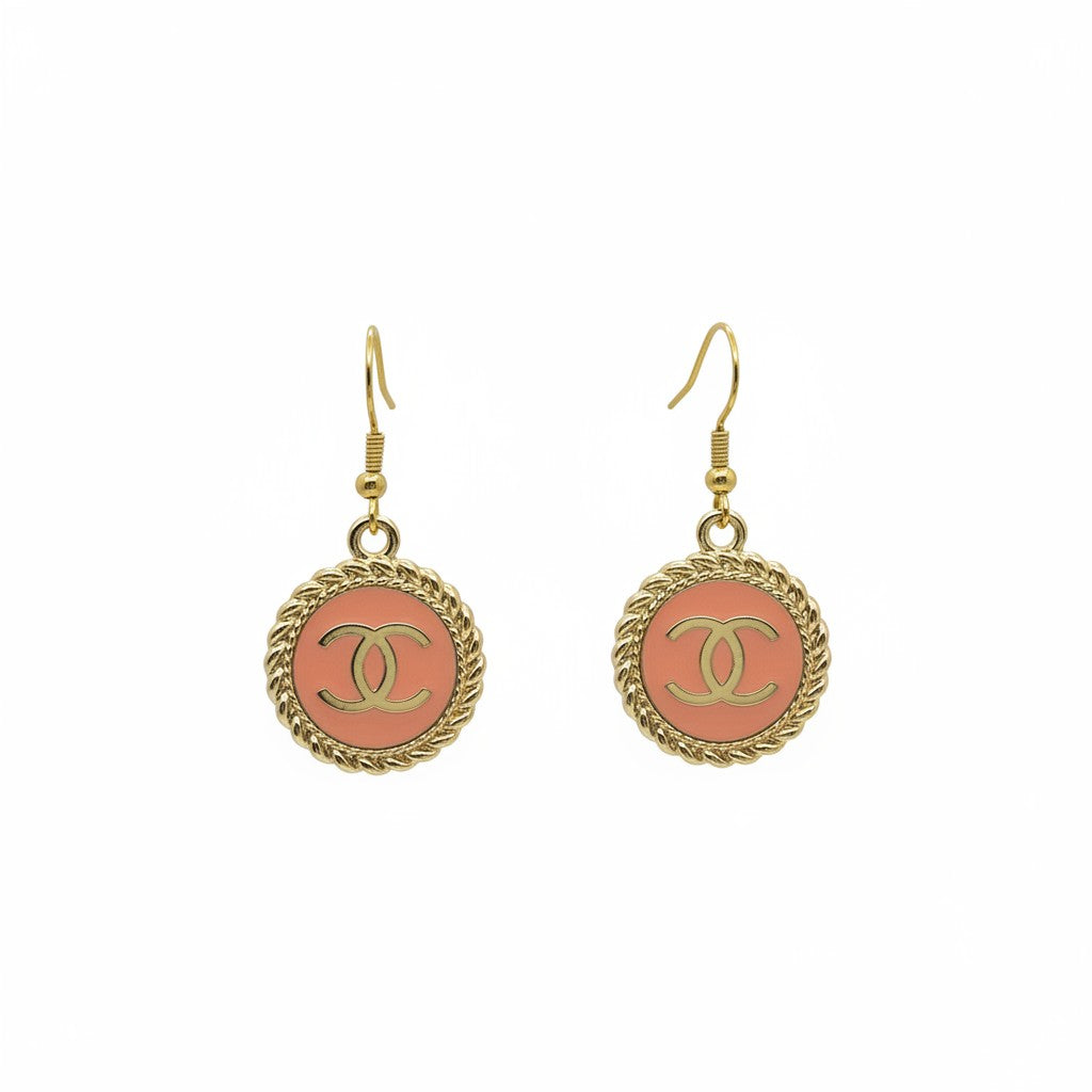 Peach and Gold Button Drop Earrings