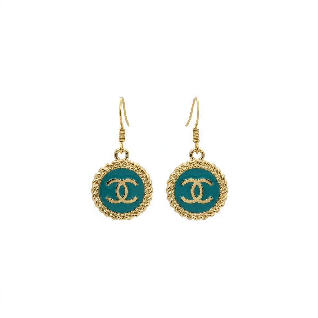 Teal and Gold Button Drop Earrings