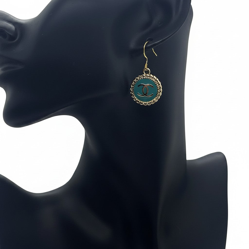 Teal and Gold Button Drop Earrings