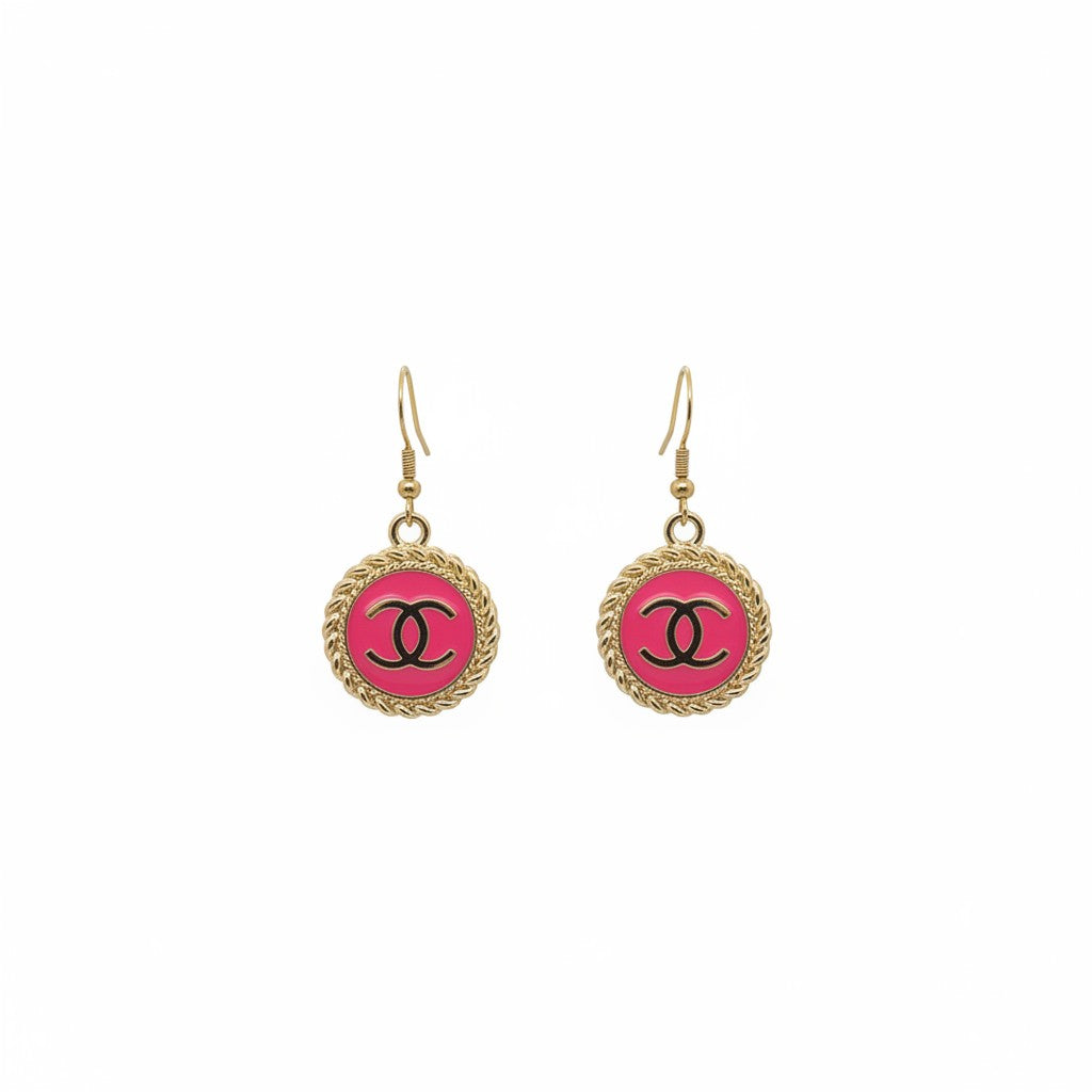 Hot Pink and Gold Button Drop Earrings
