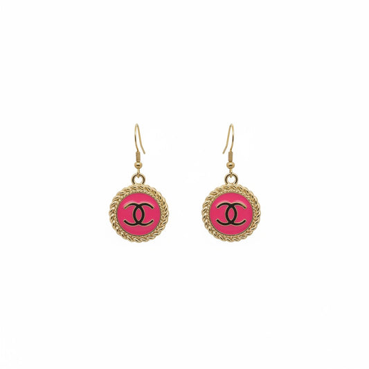 Hot Pink and Gold Button Drop Earrings