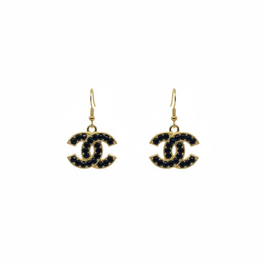Black Rhinestone and Gold Icon Drop Earrings