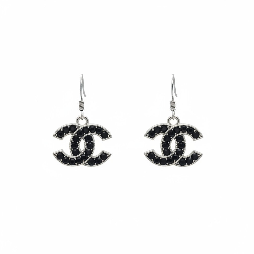 Black Rhinestone and Silver Icon Drop Earrings