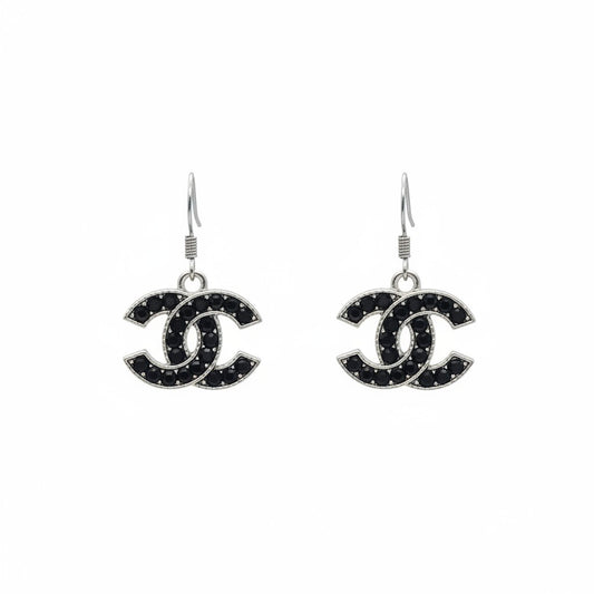 Black Rhinestone and Silver Icon Drop Earrings