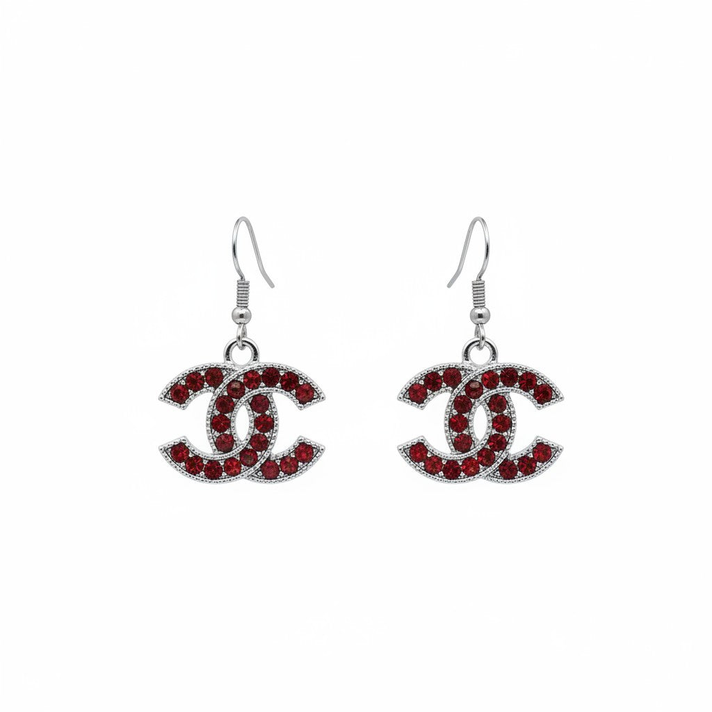 Red Rhinestone and Silver Icon Drop Earrings