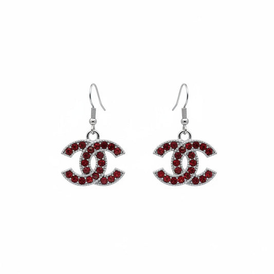 Red Rhinestone and Silver Icon Drop Earrings