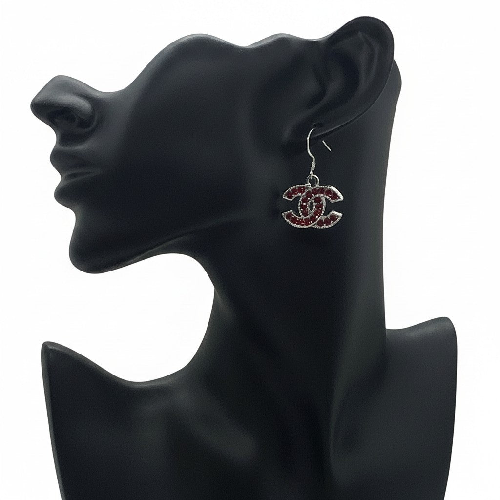 Red Rhinestone and Silver Icon Drop Earrings
