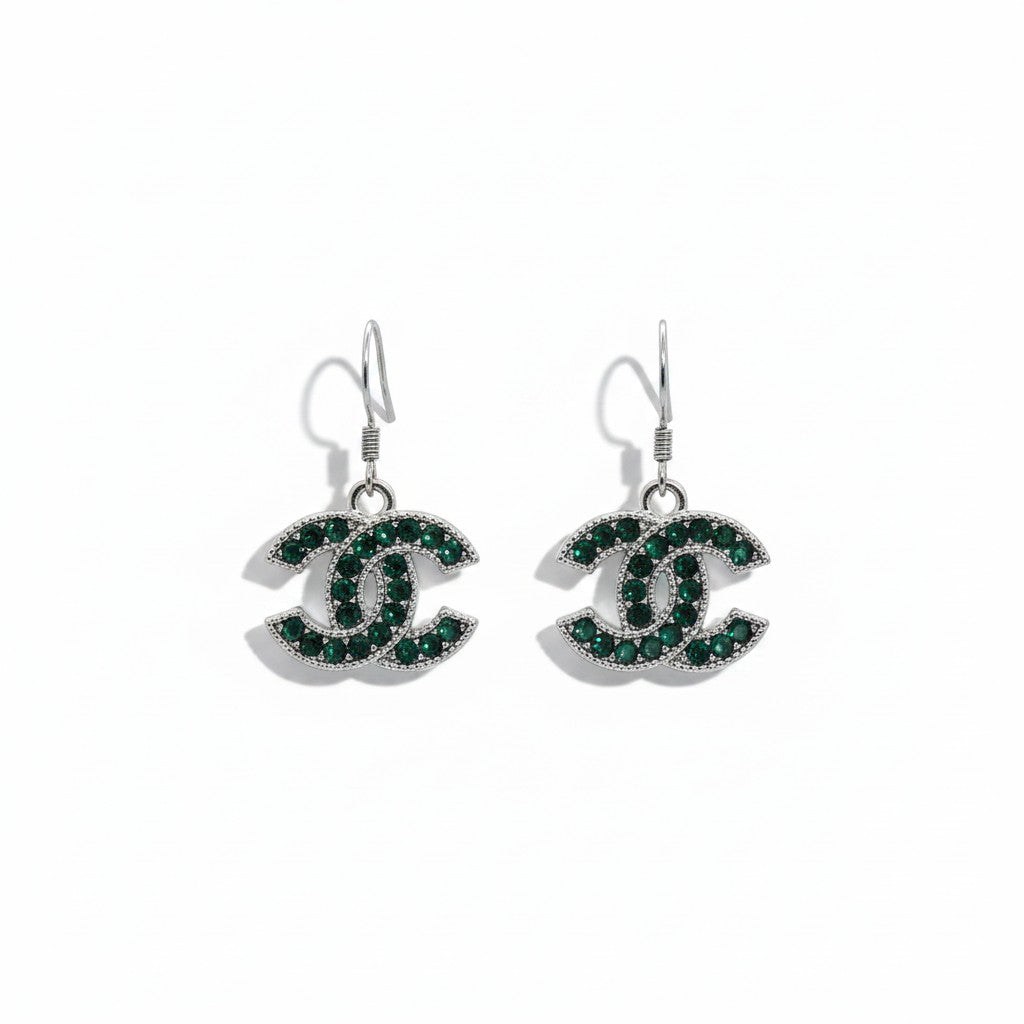 Dark Green Rhinestone and Silver Icon Drop Earrings
