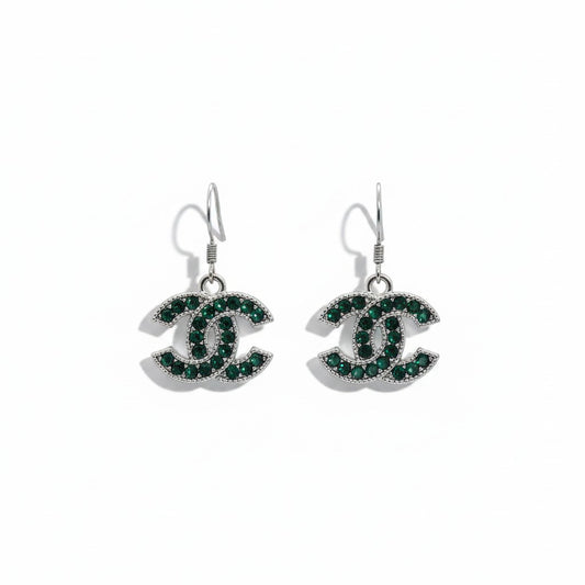 Dark Green Rhinestone and Silver Icon Drop Earrings