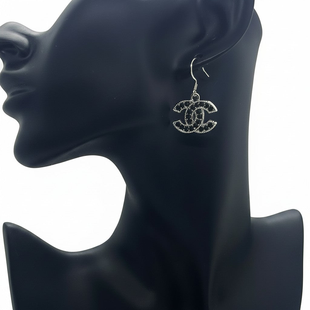 Dark Green Rhinestone and Silver Icon Drop Earrings