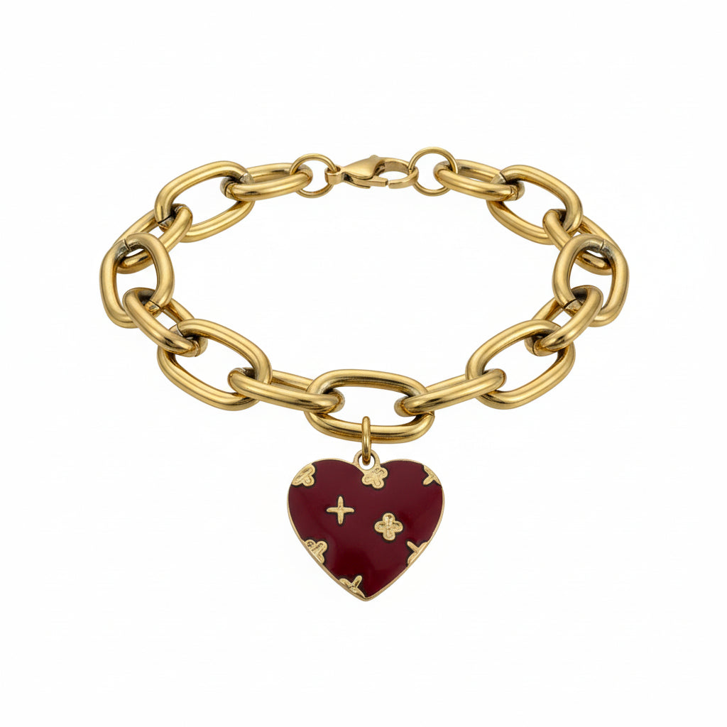 Burgundy Heart Charm Gold Link Bracelet