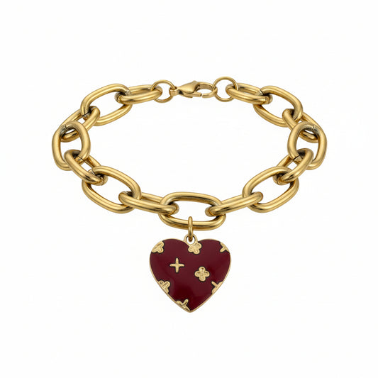 Burgundy Heart Charm Gold Link Bracelet