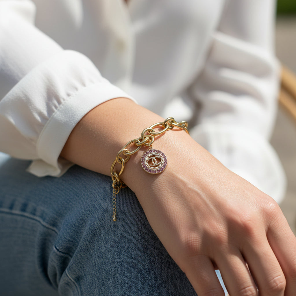 Pink Rhinestone Pendant Chunky Chain Bracelet