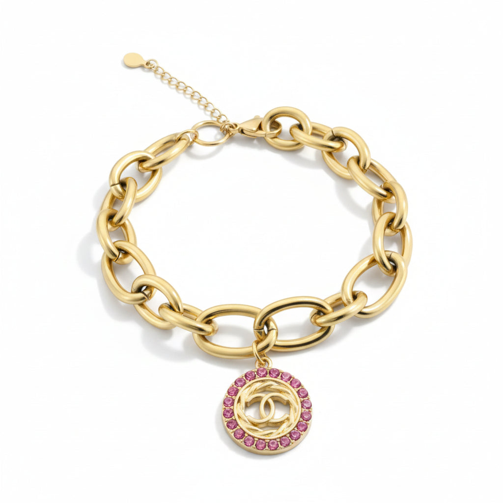 Pink Rhinestone Pendant Chunky Chain Bracelet