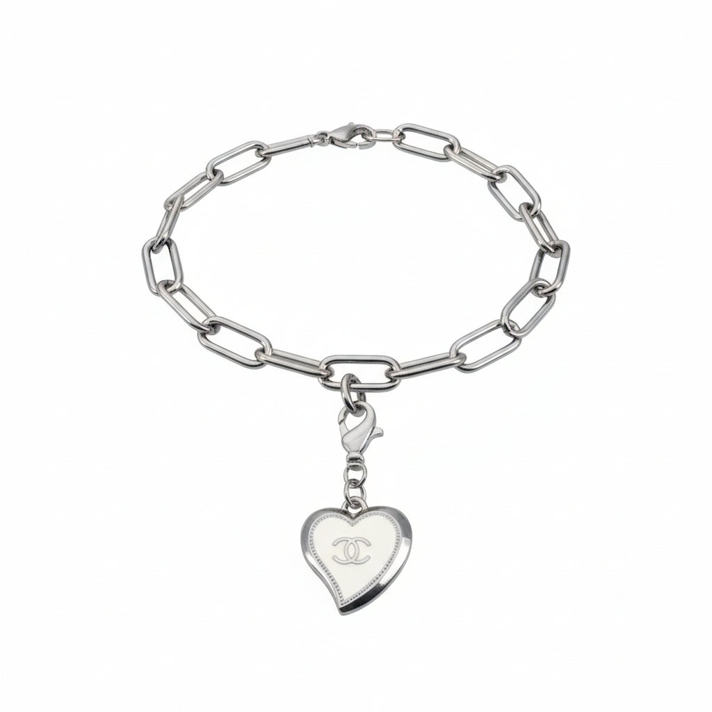 Cream Heart Pendant Silver Link Bracelet
