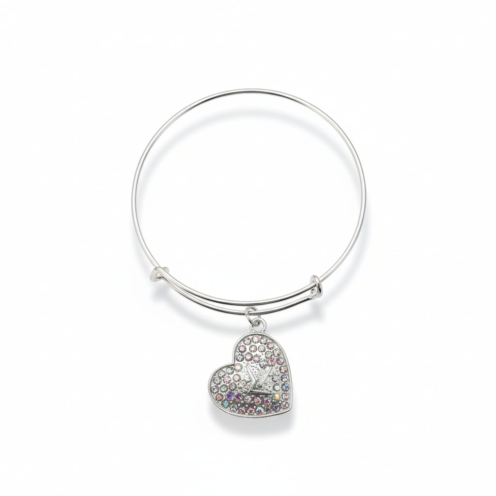 Silver Sparkle Heart Pendant Bangle Bracelet