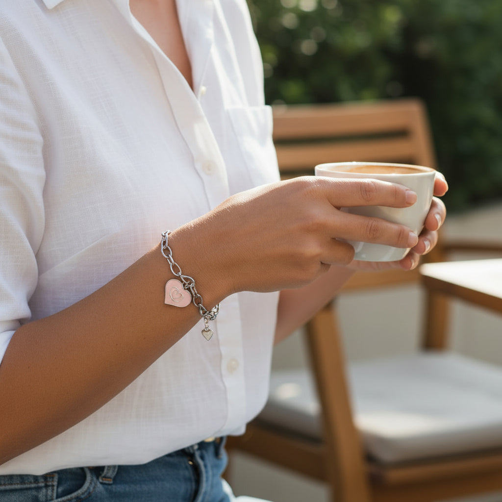 Blush Heart Charm Silver Link Bracelet