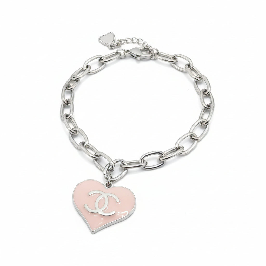 Blush Heart Charm Silver Link Bracelet