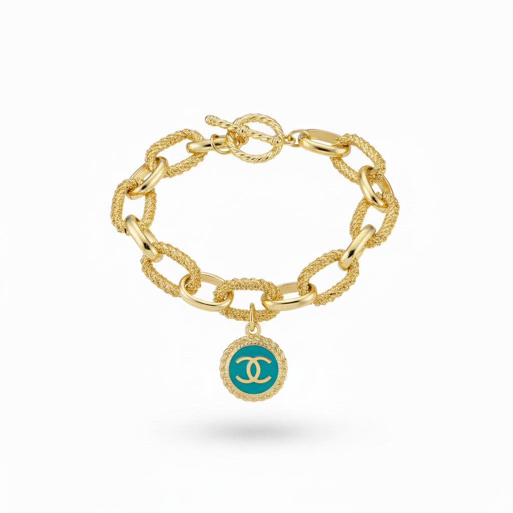 Turquoise Charm Chunky Gold Toggle Link Bracelet