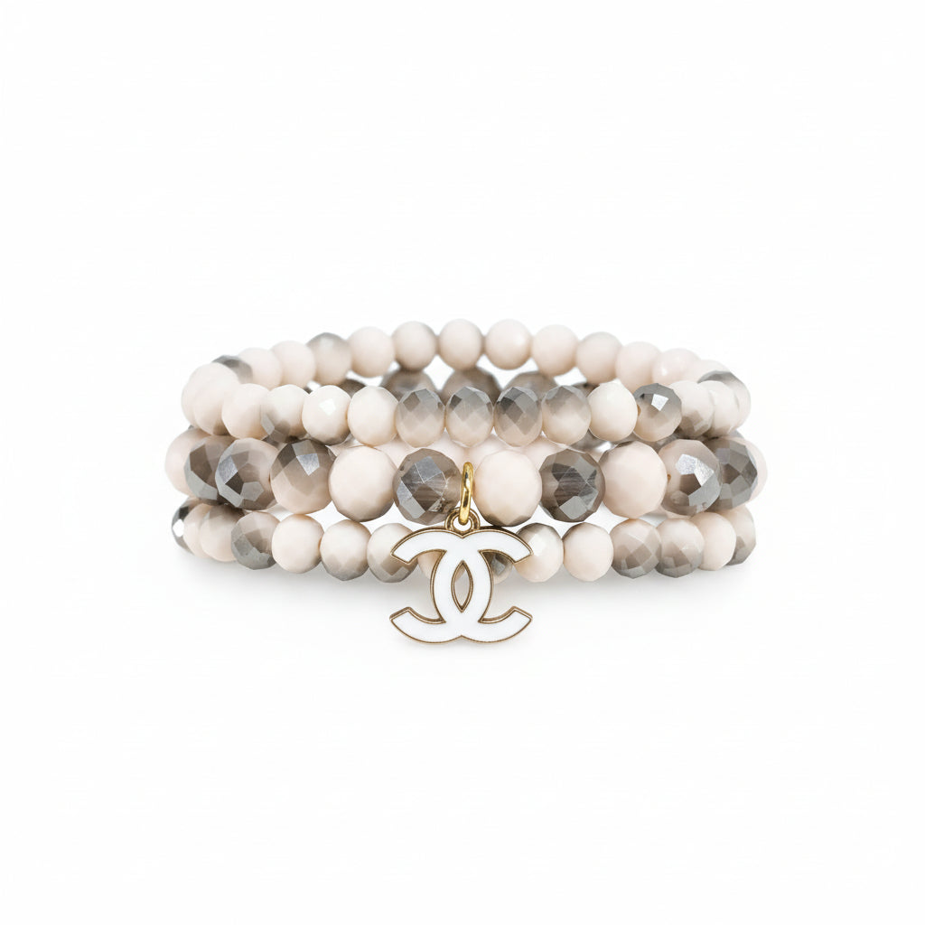Cream & Taupe Neutral Charm Stretch Bracelet Stack