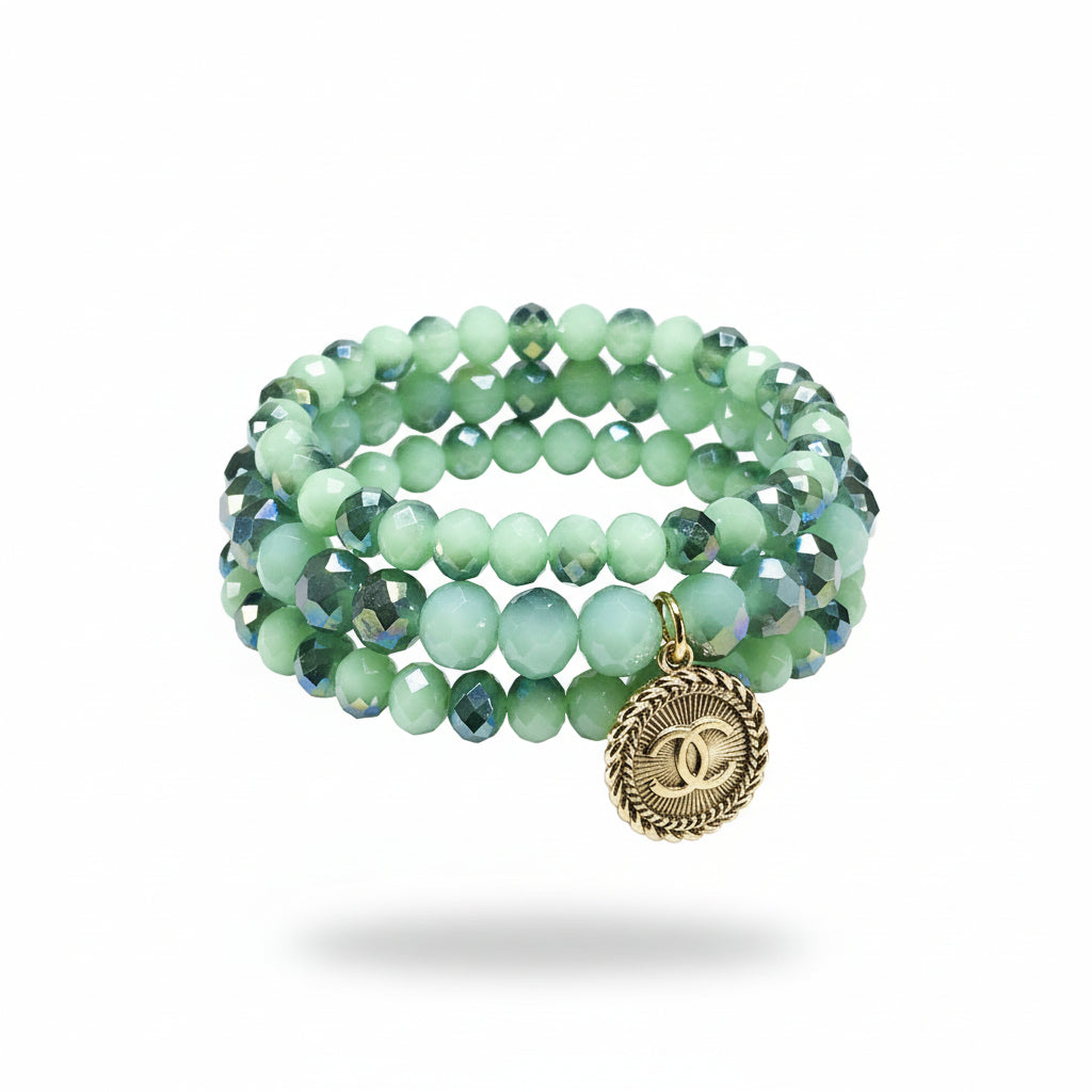 Mint Glow Button Charm Stretch Bracelet Stack