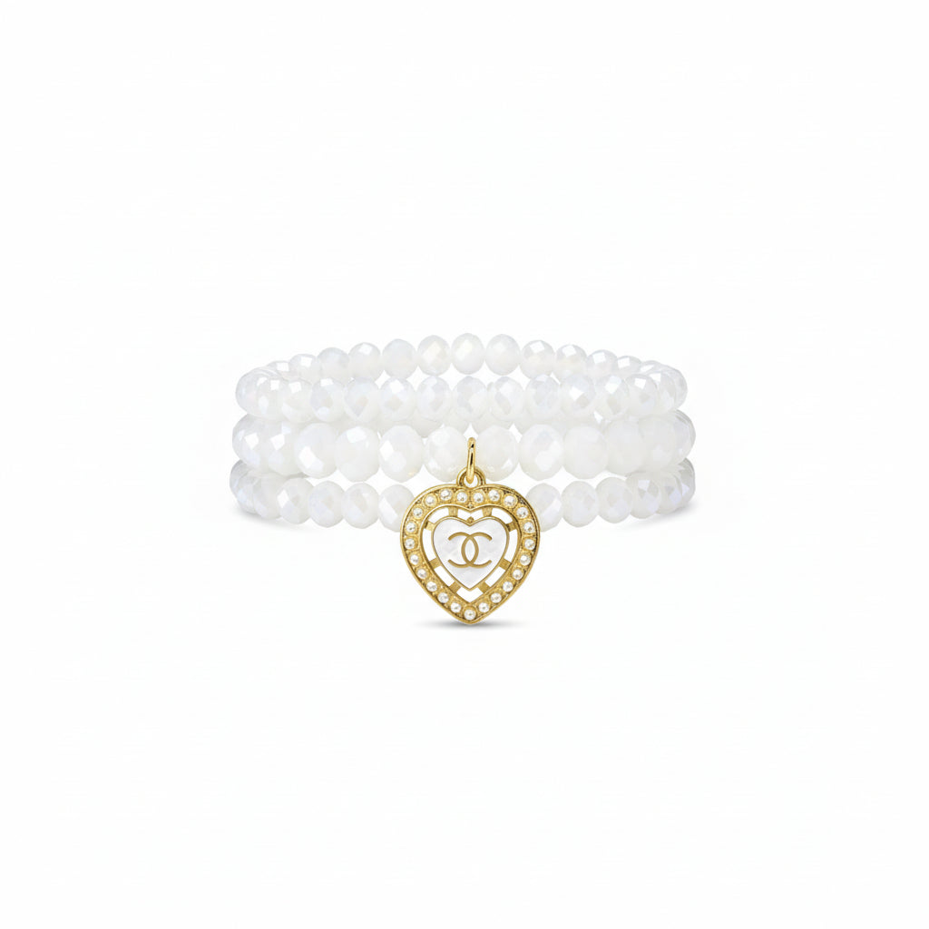 Frosted White Heart Charm Stretch Bracelet Stack