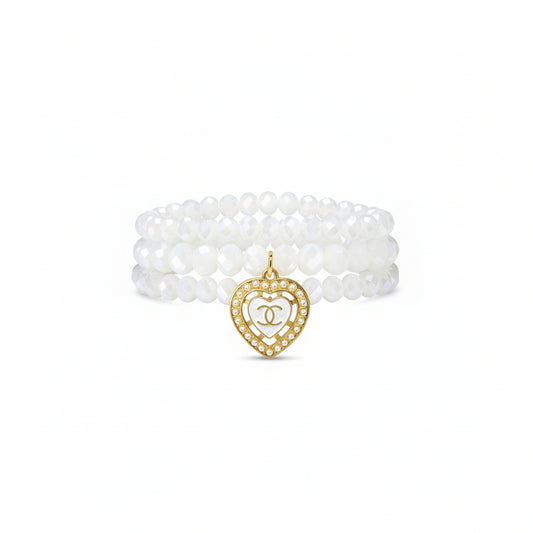 Frosted White Heart Charm Stretch Bracelet Stack