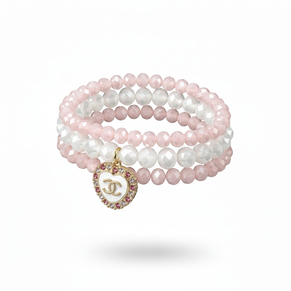 Blush & Opal Heart Charm Stretch Bracelet Stack